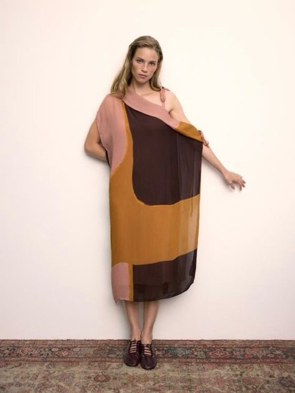Zara Printed One-Shoulder Colorblock Midi Dress in Mustard, Brown & Dusty Pink